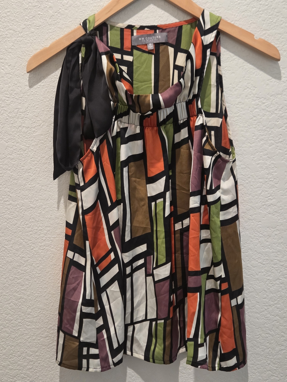 MM Couture Multicolor Orange Green Black Geometric Top w/ Black Tie Size S NEW